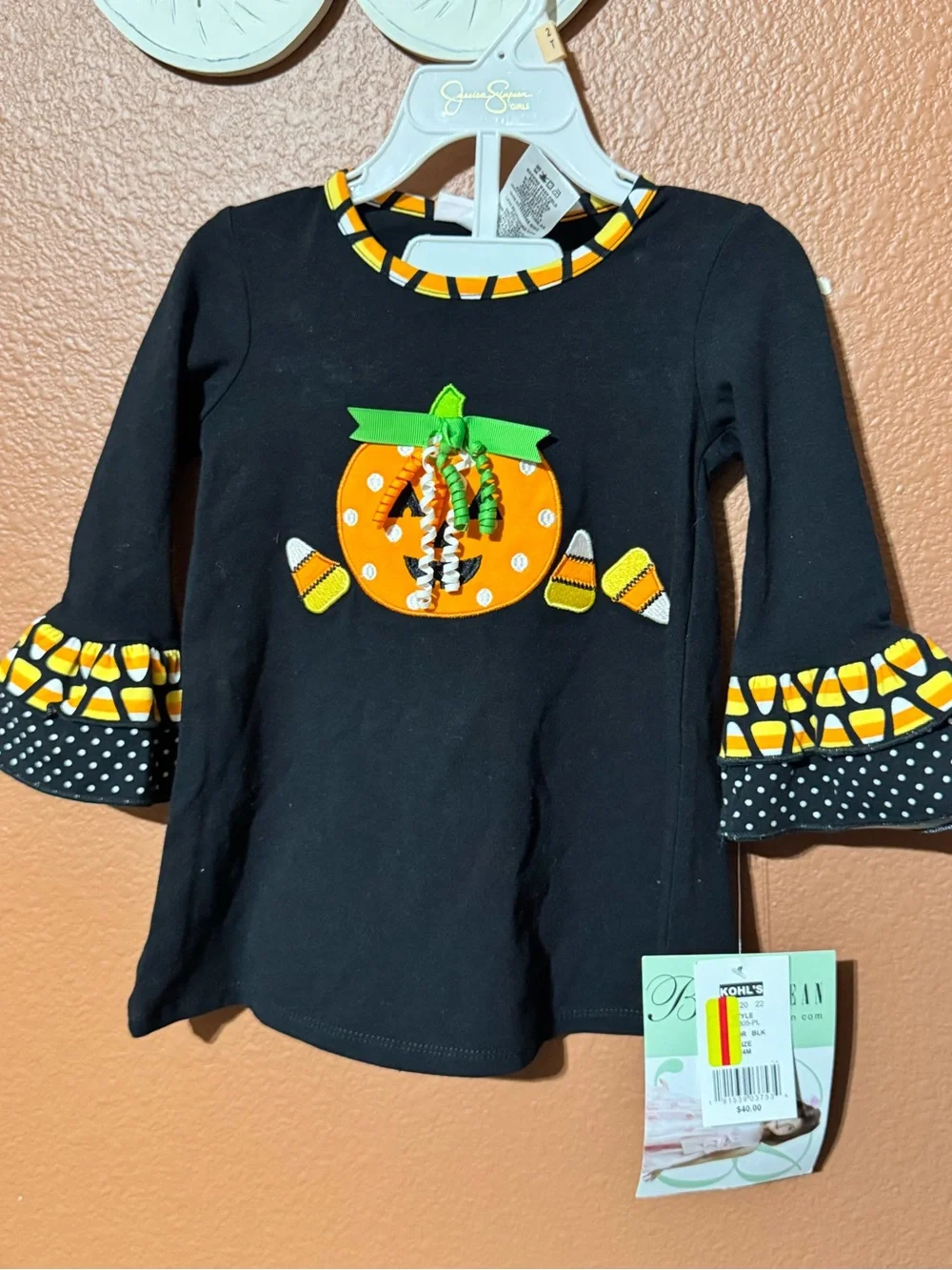 Bonnie Baby Black Long-Sleeve dress with Pumpkin & Candy Corn Appliqués